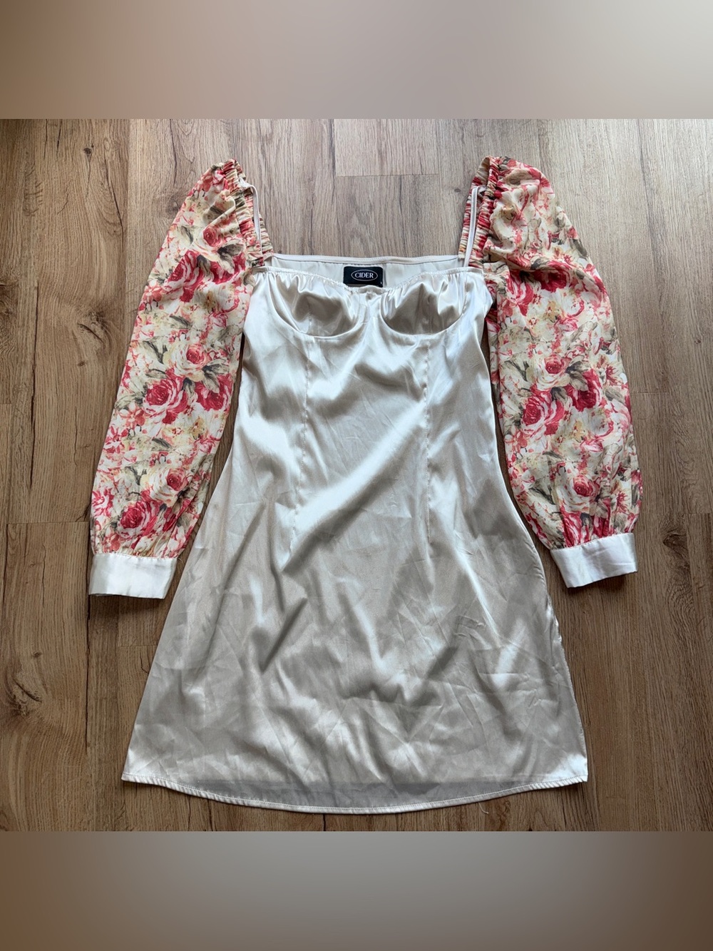 Cider Ivory Satin Mini Dress with Pink Floral Puff Sleeves